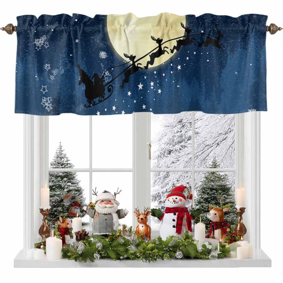 Kitchen Curtain Valances for Windows,Christmas Elk Sled Night Moon Snowflake Rod Pocket Small Valance