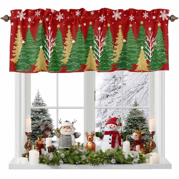 Kitchen Curtain Valances for Windows,Christmas Green Gold Tree Rod Pocket Small Valance