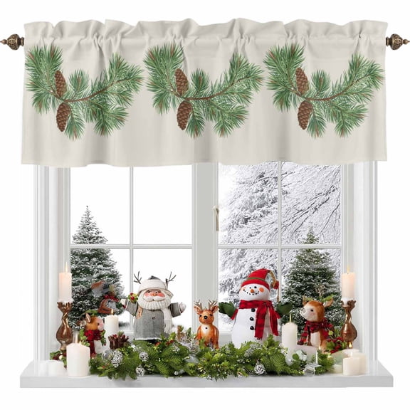 Kitchen Curtain Valances for Windows,Christmas Green Leaves Pine Cone Rod Pocket Small Valance Panel