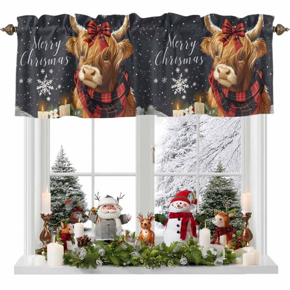 Kitchen Curtain Valances for Windows,Christmas Highland Cow Red Buffalo Plaid Rod Pocket Small Valance Panel