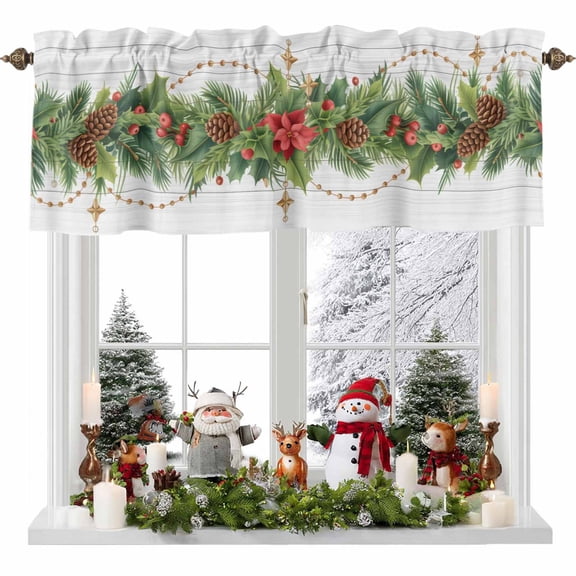 Kitchen Curtain Valances for Windows,Christmas Poinsettia Pine Cones Rod Pocket Small Valance Panel