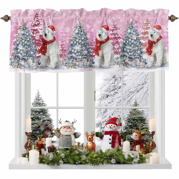 Kitchen Curtain Valances for Windows,Christmas Polar Bear Snow Tree on Pink Rod Pocket Small Valance Panel