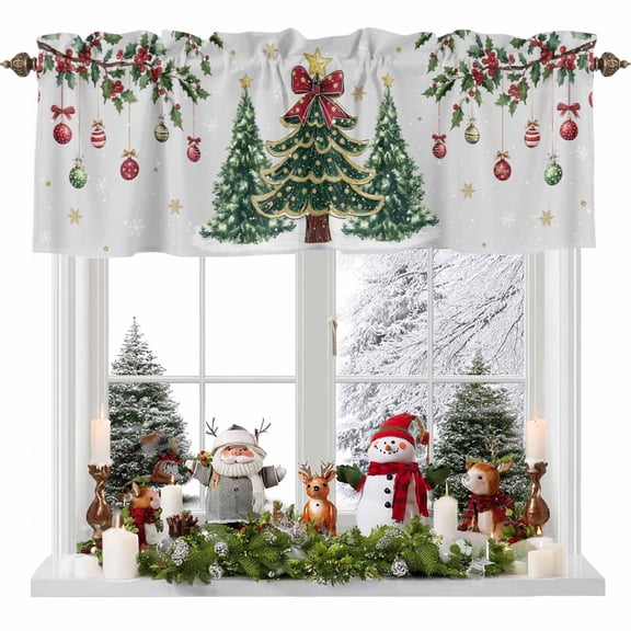 Kitchen Curtain Valances for Windows,Christmas Tree Bow Star Ball Rod Pocket Small Valance
