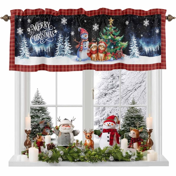 Kitchen Curtain Valances for Windows,Christmas Tree Cute Cat Rod Pocket Small Valance Panel