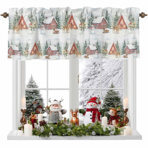Kitchen Curtain Valances for Windows,Christmas Tree Elk Farm Barn Rod Pocket Small Valance