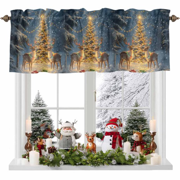 Kitchen Curtain Valances for Windows,Christmas Tree Elk Winter Snow Rod Pocket Small Valance Panel