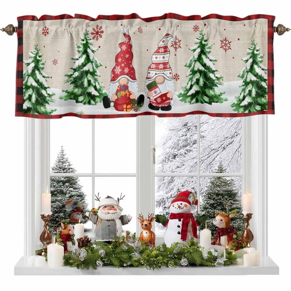 Kitchen Curtain Valances for Windows,Christmas Tree Lattice Dwarf Snowflake Rod Pocket Small Valance Panel