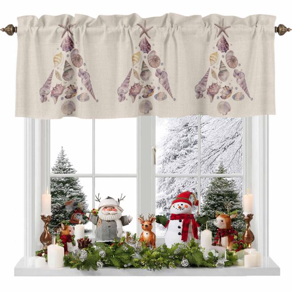Kitchen Curtain Valances for Windows,Christmas Tree Ocean Starfish Shell Conch Rod Pocket Small Valance Panel