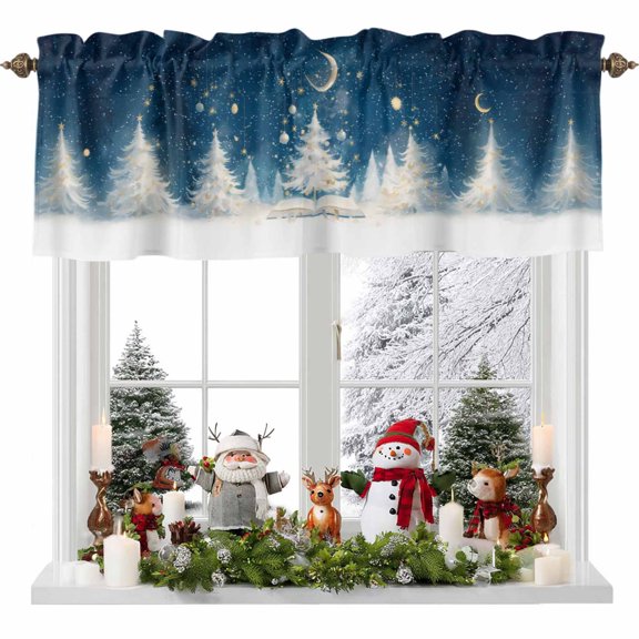 Kitchen Curtain Valances for Windows,Christmas Tree Stars Moon Night Rod Pocket Small Valance Panel