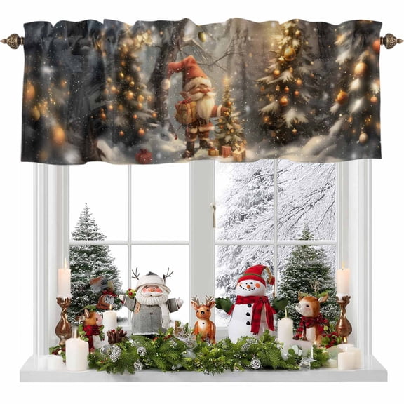 Kitchen Curtain Valances for Windows,Christmas Trees Santa Gnome Bokeh Xmas Balls Rod Pocket Small Valance Panel