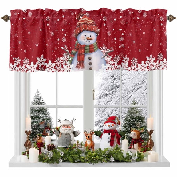 Kitchen Curtain Valances for Windows,Cute Snowman Christmas Snowflakes on Red Rod Pocket Small Valance