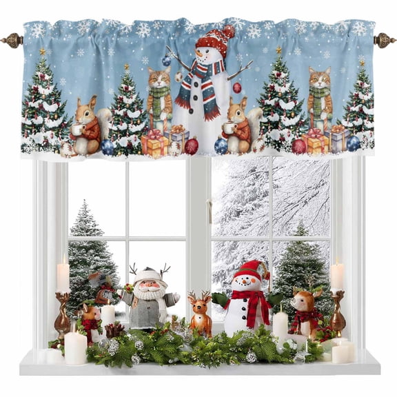 Kitchen Curtain Valances for Windows,Cute Snowman Christmas Squirrel Cat Rod Pocket Small Valance Panel