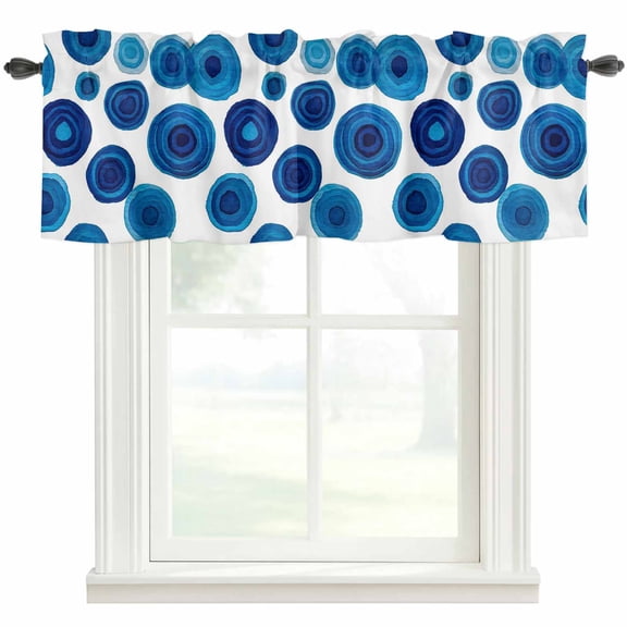 Kitchen Curtain Valances for Windows,Deep Blue Wave Points Rod Pocket Small Valance Short Window Treatment for Bedroom Bathroom Living Room,42"x12"