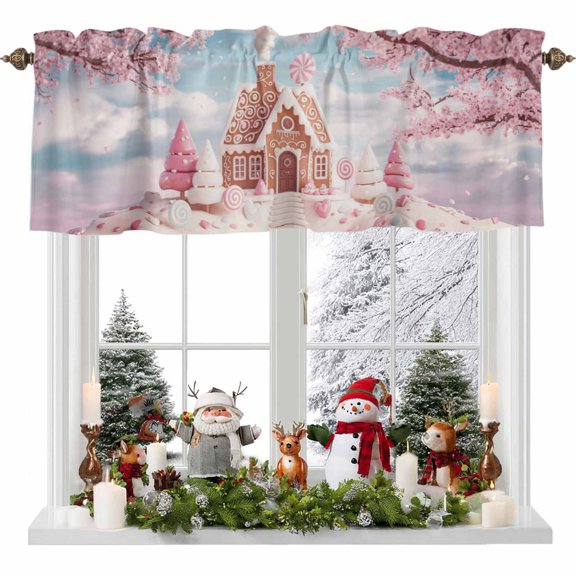 Kitchen Curtain Valances for Windows,Dreamy Christmas Tree Wooden House Rod Pocket Small Valance