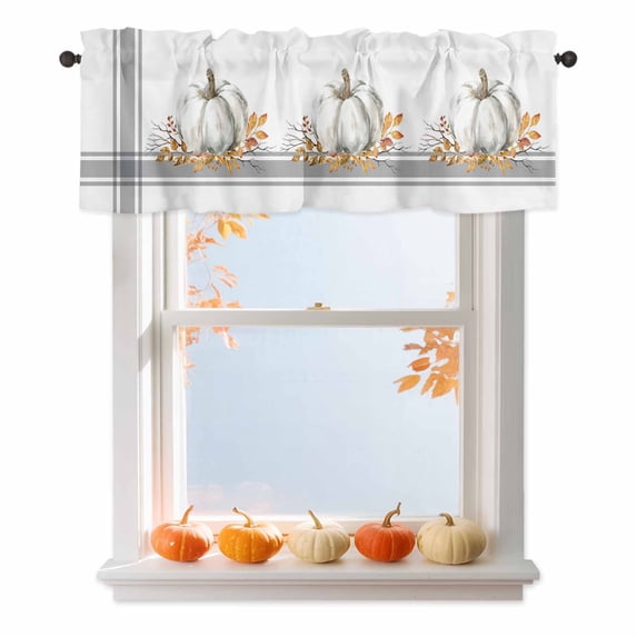 Kitchen Curtain Valances for Windows,Fall Retro Pumpkin Orange Maple Leaf Rod Pocket Small Valance Grey Stripe Happy Thanksgiving