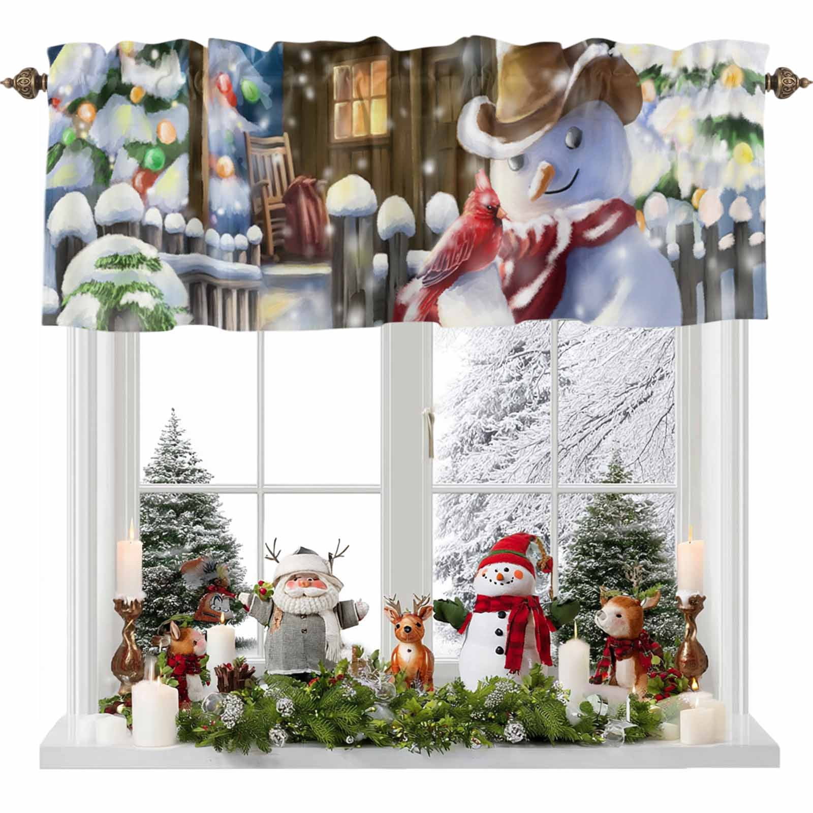 Kitchen Curtain Valances for Windows,Farmhouse Snowman with Cardinal ...