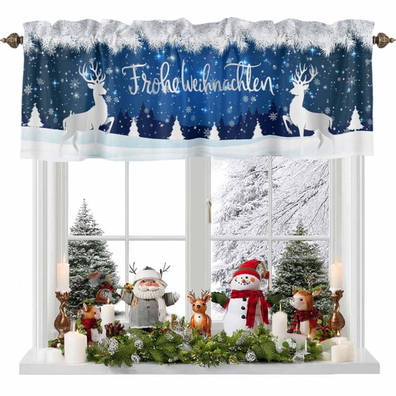 Kitchen Curtain Valances for Windows,Frohe Weihnachten Words on Blue Rod Pocket Small Valance