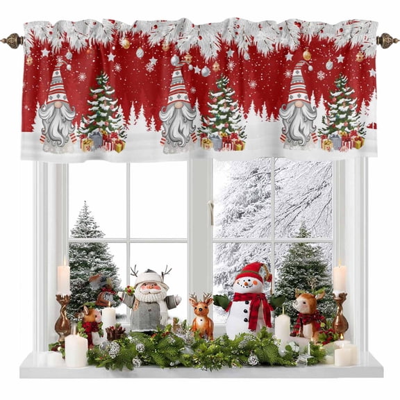 Kitchen Curtain Valances for Windows,Gnome Pine Tree Xmas Ball Rod Pocket Small Valance Panel