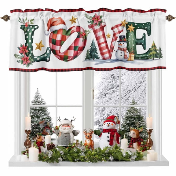 Kitchen Curtain Valances for Windows,Love Words Red Flowers Plaid Rod Pocket Small Valance