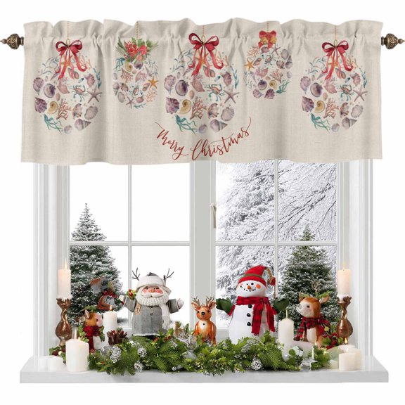 Kitchen Curtain Valances for Windows,Merry Christmas Ball Ocean Coral Starfish Rod Pocket Small Valance Panel