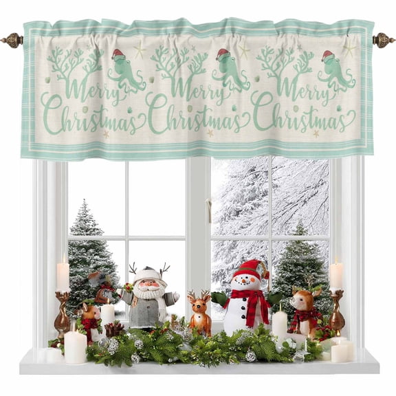 Kitchen Curtain Valances for Windows,Merry Christmas Coral Octopus Starfish Rod Pocket Small Valance Panel