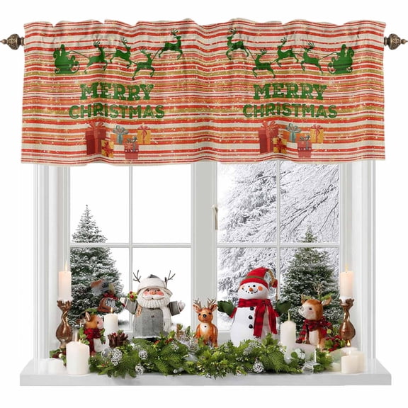 Kitchen Curtain Valances for Windows,Merry Christmas Reindeer Sleigh Gift Rod Pocket Small Valance