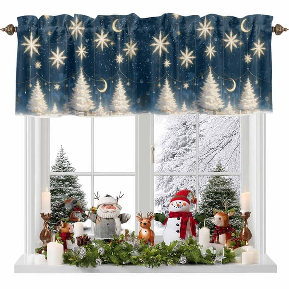 Kitchen Curtain Valances for Windows,Merry Christmas Snowflake Moon Rod Pocket Small Valance Panel