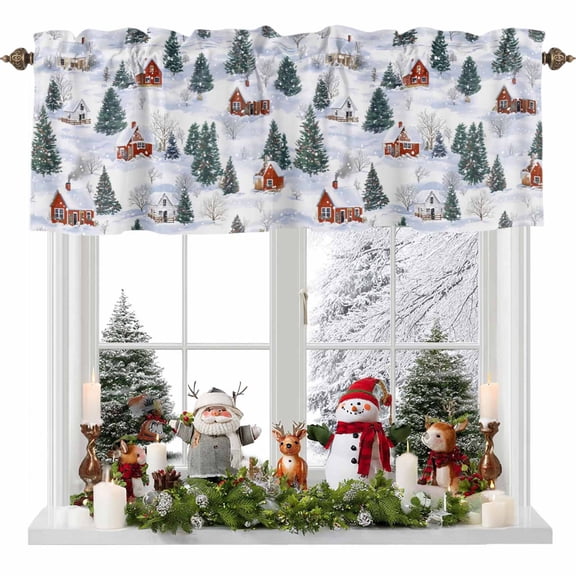 Kitchen Curtain Valances for Windows,Merry Christmas Tree Farm Red Barn Rod Pocket Small Valance Panel