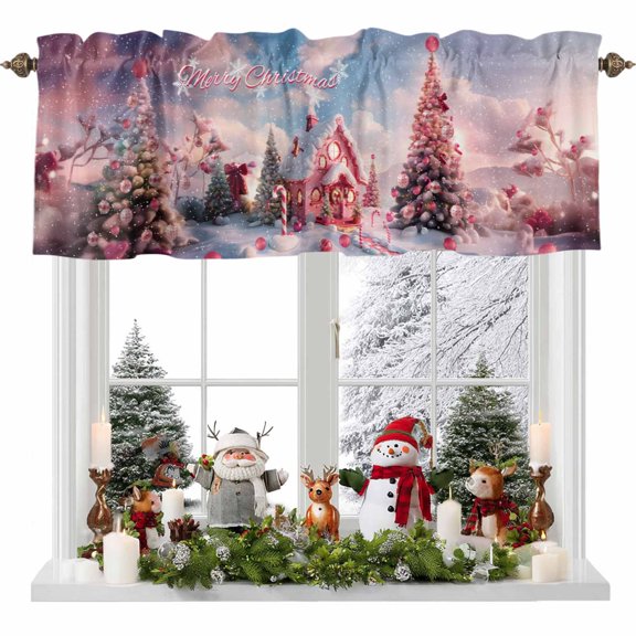 Kitchen Curtain Valances for Windows,Merry Christmas Xmas Tree House Rod Pocket Small Valance Panel