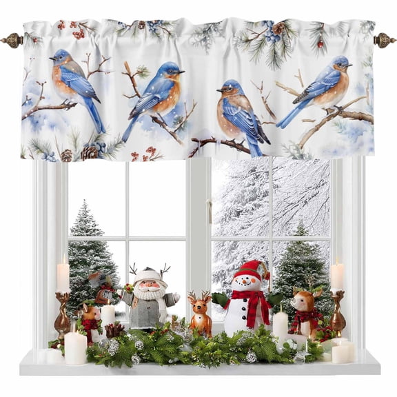 Kitchen Curtain Valances for Windows,Merry Xmas Blue Robins Pine Branches Rod Pocket Small Valance Panel