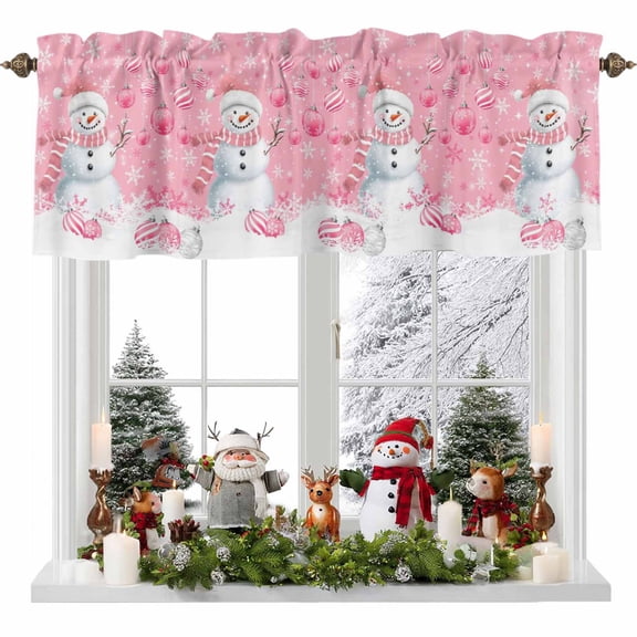 Kitchen Curtain Valances for Windows,Pink Christmas Snowman Xmas Ball Rod Pocket Small Valance