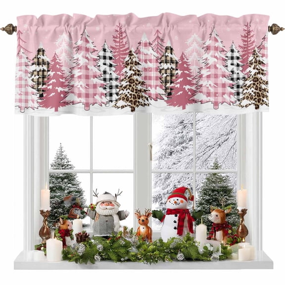 Kitchen Curtain Valances for Windows,Pink Christmas Tree Leopard Print Rod Pocket Small Valance Panel