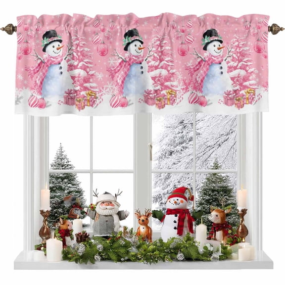 Kitchen Curtain Valances for Windows,Pink Snowman Christmas Tree Ball Rod Pocket Small Valance Panel