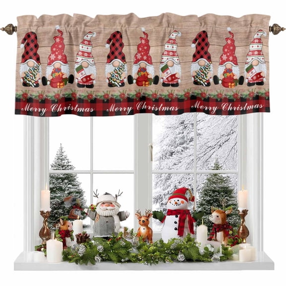 Kitchen Curtain Valances for Windows,Red Plaid Gnome Snowflake on Wooden Rod Pocket Small Valance Panel