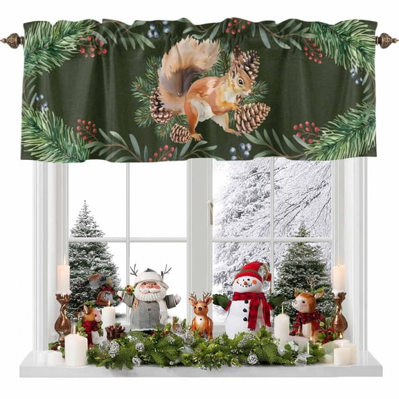 Kitchen Curtain Valances for Windows,Squirrel on Green Background Rod Pocket Small Valance Panel