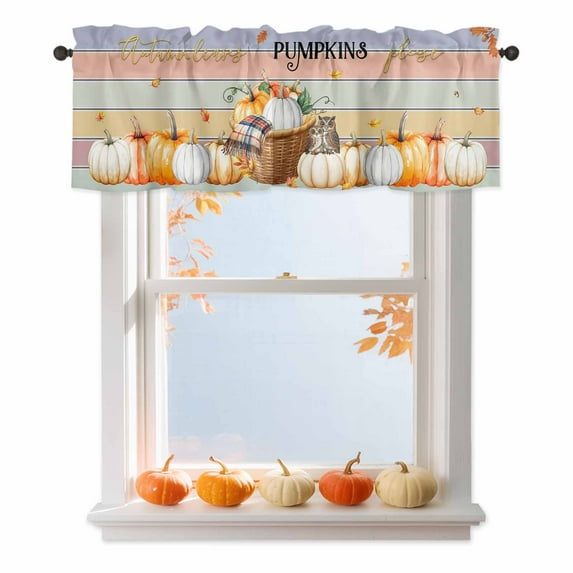 Kitchen Curtain Valances for Windows,Thanksgiving Pumpkin Autumn Maple Leaf Owl Rod Pocket Small Valance Colorful Stripes,42"x12"