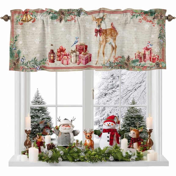Kitchen Curtain Valances for Windows,Vintage Christmas Deer Cardinals Rod Pocket Small Valance Panel