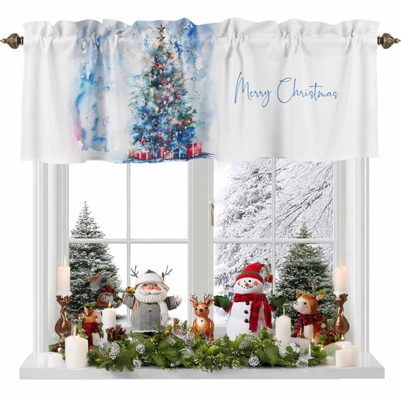 Kitchen Curtain Valances for Windows,Watercolor Christmas Tree with Red Ball Rod Pocket Small Valance Panel