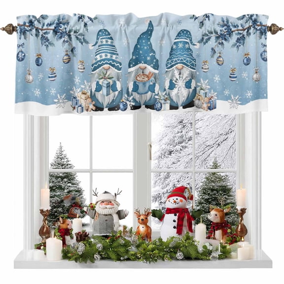Kitchen Curtain Valances for Windows,Winter Blue Gnome Snowflake Rod Pocket Small Valance