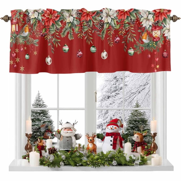 Kitchen Curtain Valances for Windows,Winter Flower Leaf Pinecone Rod Pocket Small Valance