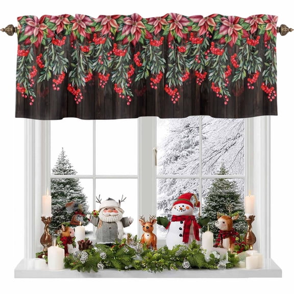 Kitchen Curtain Valances for Windows,Winter Red Flower Berry Rod Pocket Small Valance