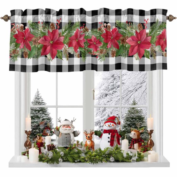 Kitchen Curtain Valances for Windows,Winter Red Flower Green Leaf Rod Pocket Small Valance Panel