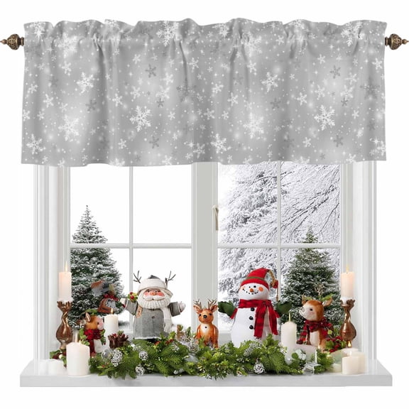 Kitchen Curtain Valances for Windows,Winter Snowflake on Gray Rod Pocket Small Valance