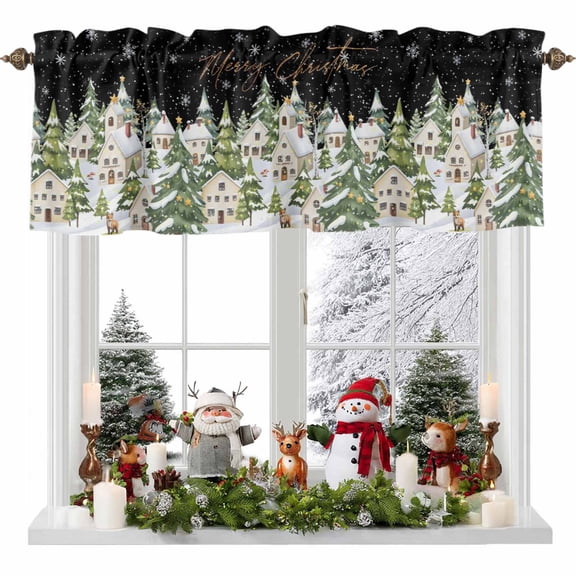 Kitchen Curtain Valances for Windows,Winter Snowy Scene Farm Country Rod Pocket Small Valance