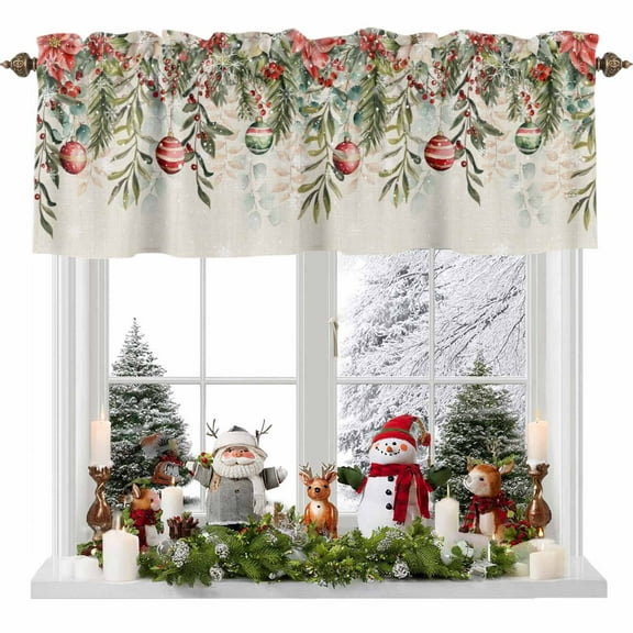 Kitchen Curtain Valances for Windows,Xmas Ball Poinsettia Eucalyptus Snow Rod Pocket Small Valance Panel