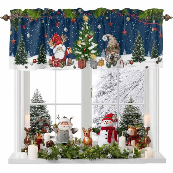Kitchen Curtain Valances for Windows,Xmas Gnomes Pine Tree Ball Rod Pocket Small Valance