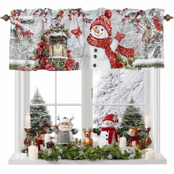 Kitchen Curtain Valances for Windows,Xmas Snowman Pine Tree Poinsettia Rod Pocket Small Valance