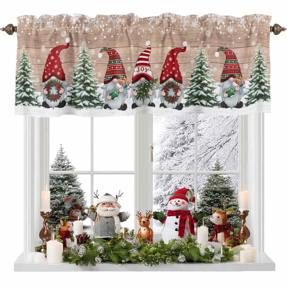 Kitchen Curtain Valances for Windows,Xmas Tree Gnome Retro Barn Plank Rod Pocket Small Valance Panel