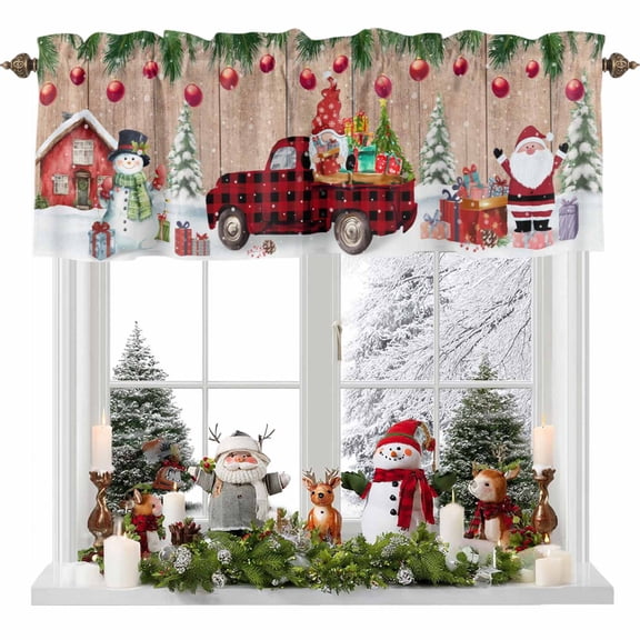 Kitchen Curtain Valances for Windows,Xmas Trucks Ball Snowman Dwarf Rod Pocket Small Valance Panel