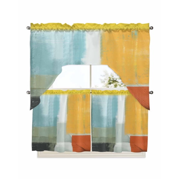 Kitchen Curtain and Valance Set 3 Pieces, Rod Pocket Short Tier Curtains 24 Inch Length, Swag Topper Small Window Treatment for Cafe Bathroom Bedroom